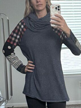 Navy Red Plaid Sleeve Cowl Neck Tunic